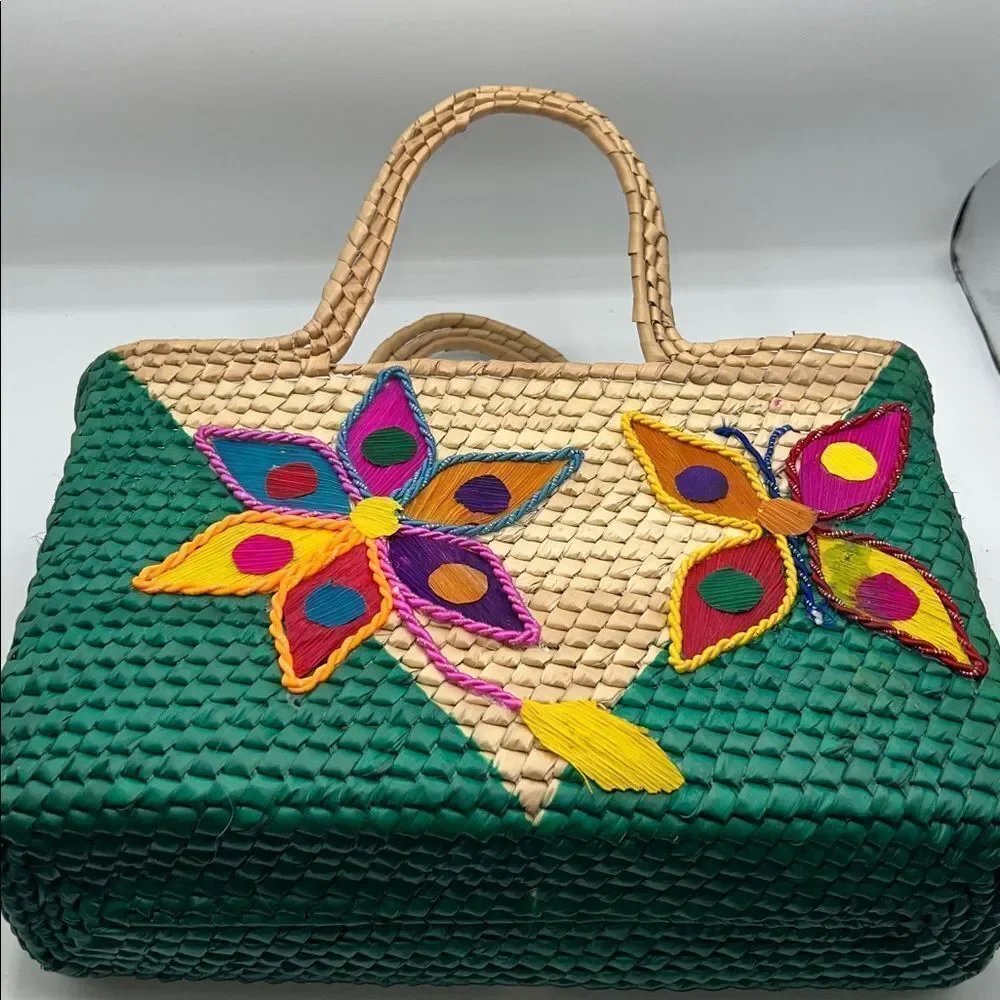 HANDWOVEN Handmade Mexican Woven Straw Handbag Purse Colorful Flower & Butterfly